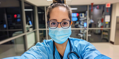 nurse wearing blue scrubs, glasses and a mask takes a selfie in the hospital's emergency room, generative AI