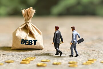 Miniature businessmen walking towards a money bag labeled 'debt,' symbolizing the burden of financial obligations. - obrazy, fototapety, plakaty
