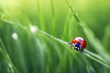 Fototapeta premium 'spring grass macro bugs green photo world insects ladybug nature concept coccinellidae leaf insect closeup animal background beautiful beauty beetle biology blade bright bug close colours cute field'