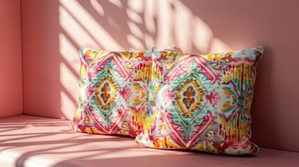 Blank mockup of a pair of lumbar pillows with a colorful ikat print. .