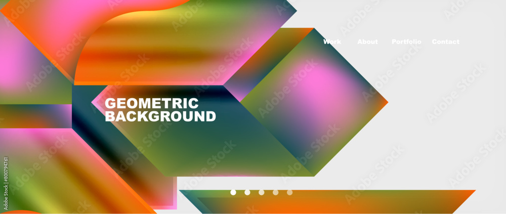 Poster a vibrant geometric design with triangles, rectangles, arrows, and squares in shades of violet and m