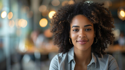 A beautiful African-American girl at a meeting in an office or cafe, looks at the interlocutor with interest