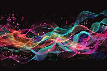 Colorful music notes and sound waves on a black background