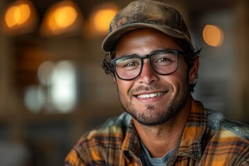 Portrait of a smiling young man wearing cap and glasses in a cafe - obrazy, fototapety, plakaty