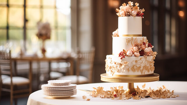 Wedding cake design, autumnal dessert styling and holiday decoration, multi-tier cake for an autumn event venue, food catering service and elegant country decor, cottage style inspiration