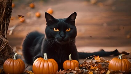 Black Cat Surrounded by Pumpkins on Wooden Floor Generative AI