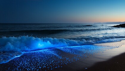 bioluminescent plankton on a dark beach