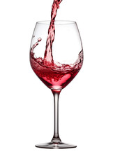 Red wine being poured into a glass, capturing the dynamic splash and rich color, isolated on a transparent background. Generative AI