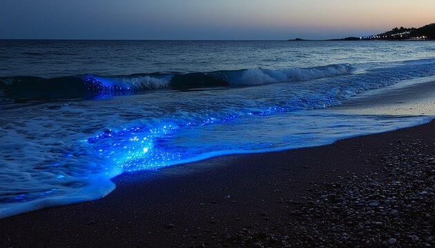 bioluminescent plankton on a dark beach