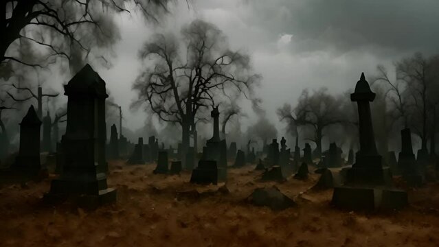 Graveyard Filled With Tombstones Under Cloudy Sky Generative AI