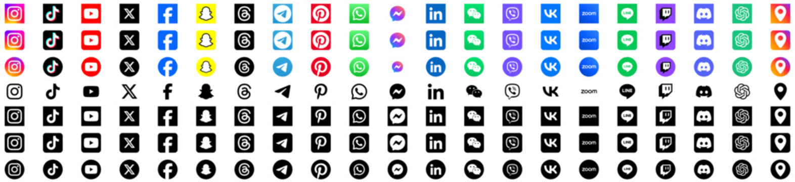 social media icon set or social network logos , facebook, instagram, x, youtube, whatsapp, telegram, snapchat, tiktok, flat vector icon .popular social media web icons logo collection set
