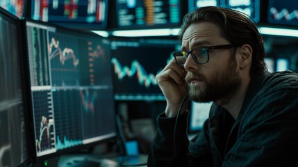 In the trading room, a worried-looking macho man is examining the charts in front of his computer.
