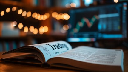 A trading book with text on it was resting on the table. The book is traded on a table featuring a computer and graphs displayed on the screen.