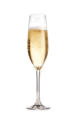 A flute glass filled with sparkling champagne, showing fine bubbles and golden color, set against a clean white backdrop. Generative AI