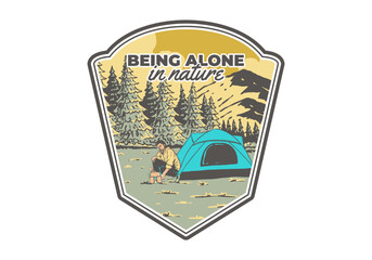 Camping alone in nature. Vintage outdoor illustration badge design