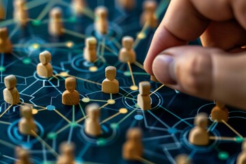 A hand is reaching out to touch a wooden figure on a board with a lot of people, a customer relationship management (CRM) concept