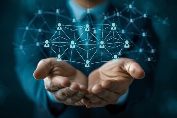 A man is holding up a hand with a blue background and a network of people, a customer relationship management (CRM) concept