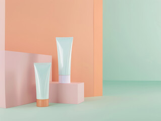 beauty product on presentation without label, copyspace area, pastel tone - ai