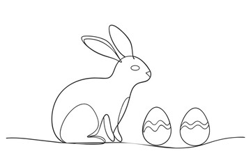 One continuous line drawing of Easter eggs and rabbit. Greeting banner design with bunny and ears in simple linear style. Editable stroke. Doodle vector