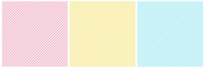 Pink, yellow and light blue diagonal stripes seamless pattern set. Modern abstract background design for wallpaper, fabric, wrapping paper.