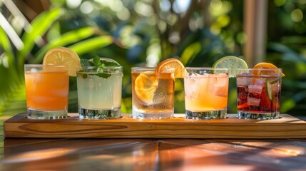 A mocktail flight featuring a variety of flavors and styles allowing guests to compare and contrast their favorites. - obrazy, fototapety, plakaty