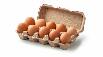 An open egg box containing ten brown eggs is isolated on a white background, emphasizing fresh organic chicken eggs stored in a carton pack with ample copy space provided.