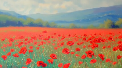 impasto oil painting of vintage landscape red poppy flower field  wall art, digital art print, HD background, wallpaper, banner