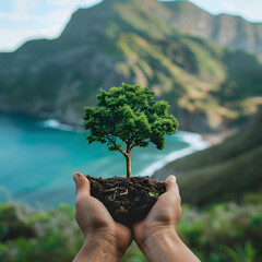 A person is holding a tree in their hands, with the roots visible