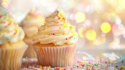 birthday design concept. tasty birthday cupcakes against defocused lights. seamless looping overlay 4k virtual video animation background