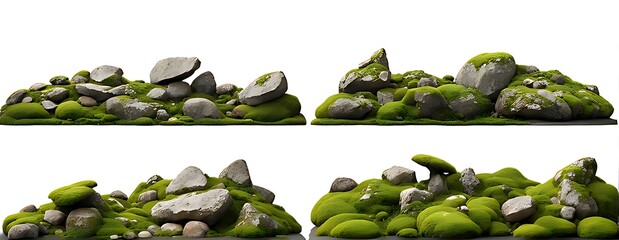  Set of moss-covered rocks in natural settings, cut out 