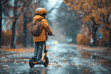 The child gets to school on an electric scooter in a couple of minutes.