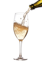 Sparkling champagne poured into a flute glass, capturing the vibrancy and golden hue, on a transparent background. Generative AI