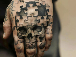 A hand tattoo morphs into a jigsaw puzzle, each piece uniting to form the stark image of a skull. - Powered by Adobe
