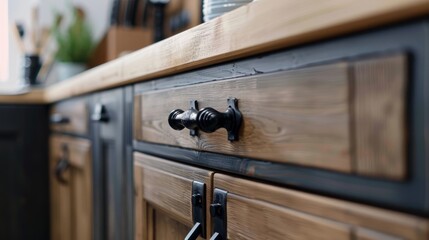 Black metal handles adorn a wooden kitchen door, adding vintage charm to the room's design.