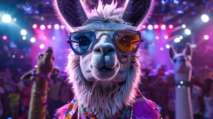 Naklejka premium A party llama wearing vibrant sunglasses and festive attire celebrates amidst a lively and colorful event atmosphere.