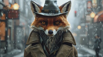 Fototapeta premium A fox character styled as a detective with a hat and trench coat, standing in a snowy urban environment.