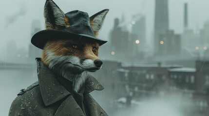 Naklejka premium A fox character styled as a detective with a hat and trench coat, standing in a snowy urban environment.