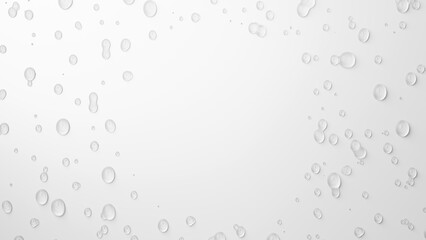 白背景にたくさんの水滴。コピースペース。3D（横長）