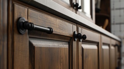 Black metal handles adorn a wooden kitchen door, adding vintage charm to the room's design.