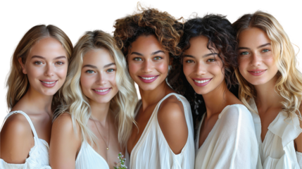 Diversity group of happy people, Group of young women with different nationalities smiling together, isolated on transparent background