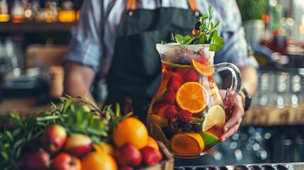 A bartender expertly holds a frosted pitcher of zeroalcohol sangria surrounded by colorful fruits and garnishes ready to be served to thirsty patrons.