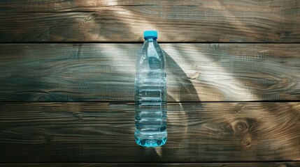 Plastic bottle of water on a wooden background.