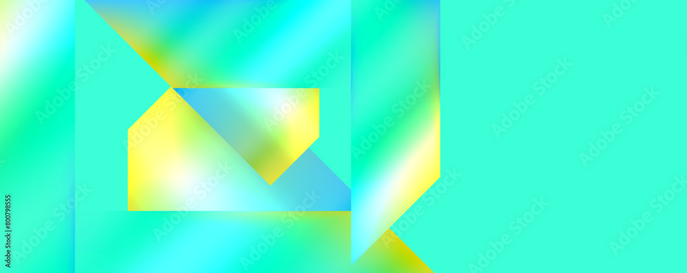 Poster Vibrant green and yellow abstract background featuring a geometric pattern of triangles and rectangles, with pops of electric blue. Symmetrical art with a colorful palette