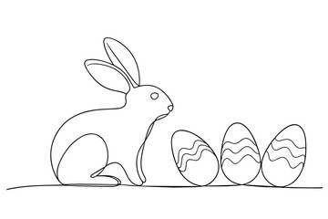 One continuous line drawing of Easter eggs and rabbit. Greeting banner design with bunny and ears in simple linear style. Editable stroke. Doodle vector