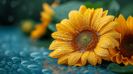 Wet sunflowers are placed on a blue table