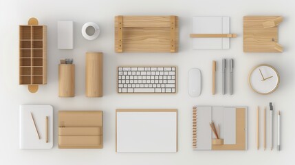 Top View Desk Organizer Set: Functional Office Storage Solutions Rendered in Detailed 3D Art, Perfect for Flat Lay Mockups and Clutter-Free Workspace Arrangements.