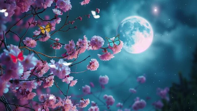 beautiful flowers cherry blossom in night spring. seamless looping overlay 4k virtual video animation background