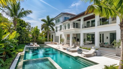 Fototapeta premium Facade of a two-story luxury modern house with swimming pool. With large glass windows, white wall.