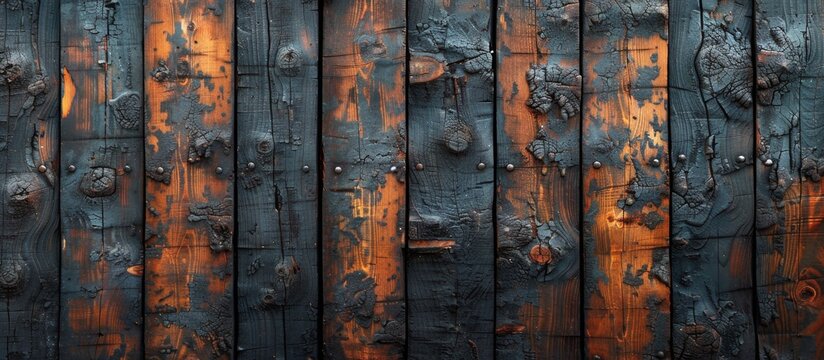 Close up of a textured wooden wall showing signs of aging with rust spots and peeling paint