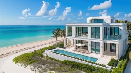 White modern resort hotel villa building on the beach with swimming pool, in beautiful daylight.